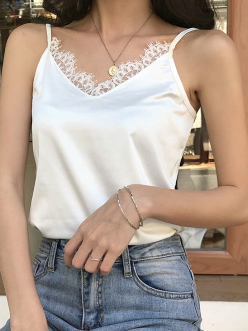 Lace Trim V-Neck Satin Cami Tank Top - White